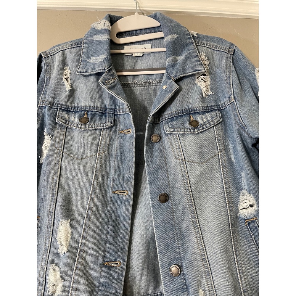 Cisono Distressed Denim Jacket Womens Small Medium Wash Trucker Jean Jacket - Picture 8 of 11